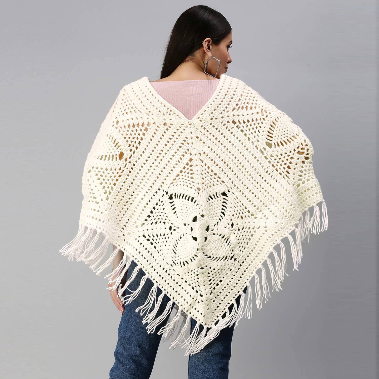 Poncho with Tassels - White 2869
