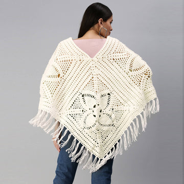 Poncho with Tassels - White 2869
