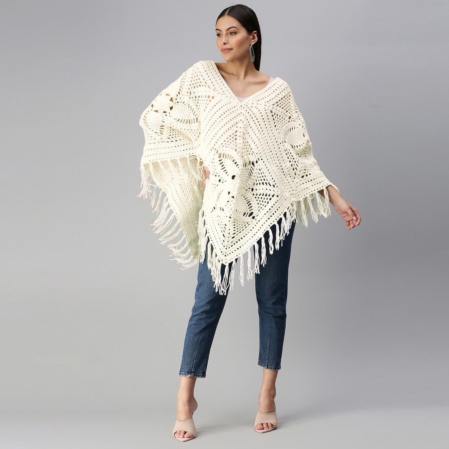 Poncho with Tassels - White 2869