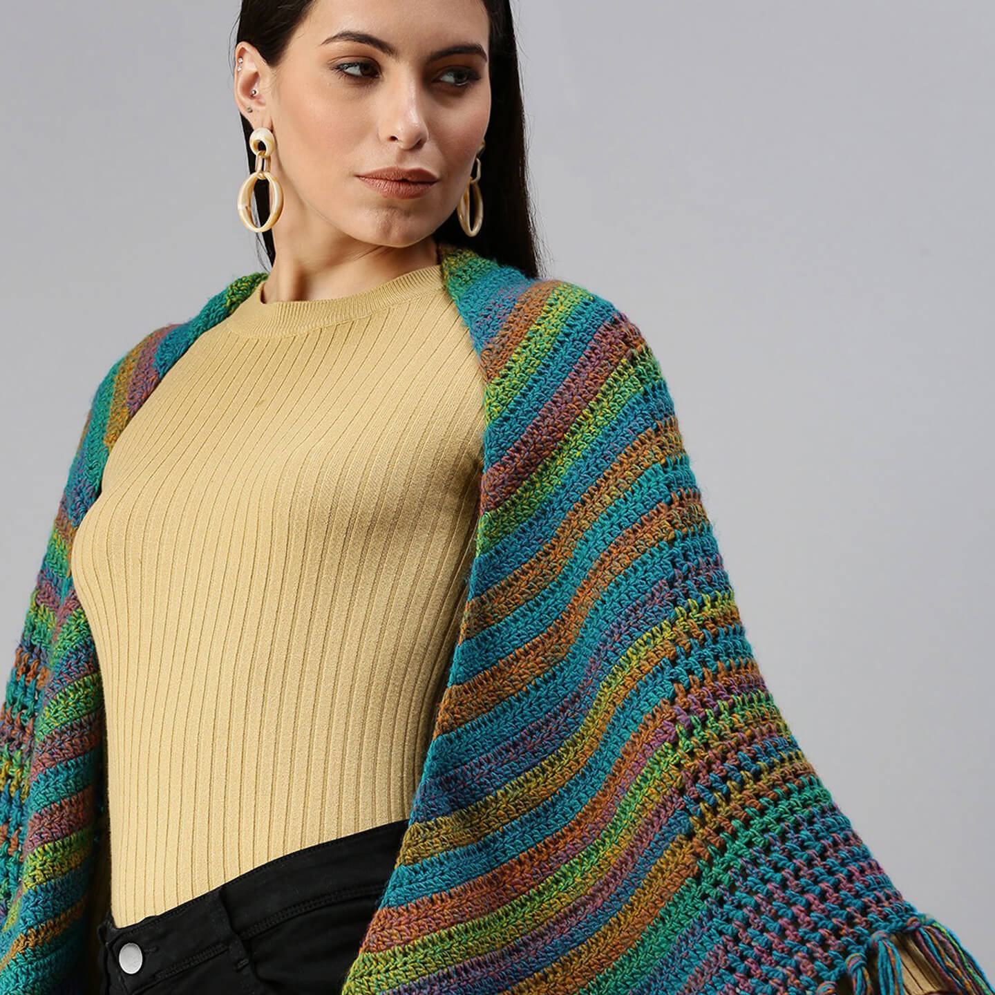 Peacock Colored Shawl - Multi-Color 2937