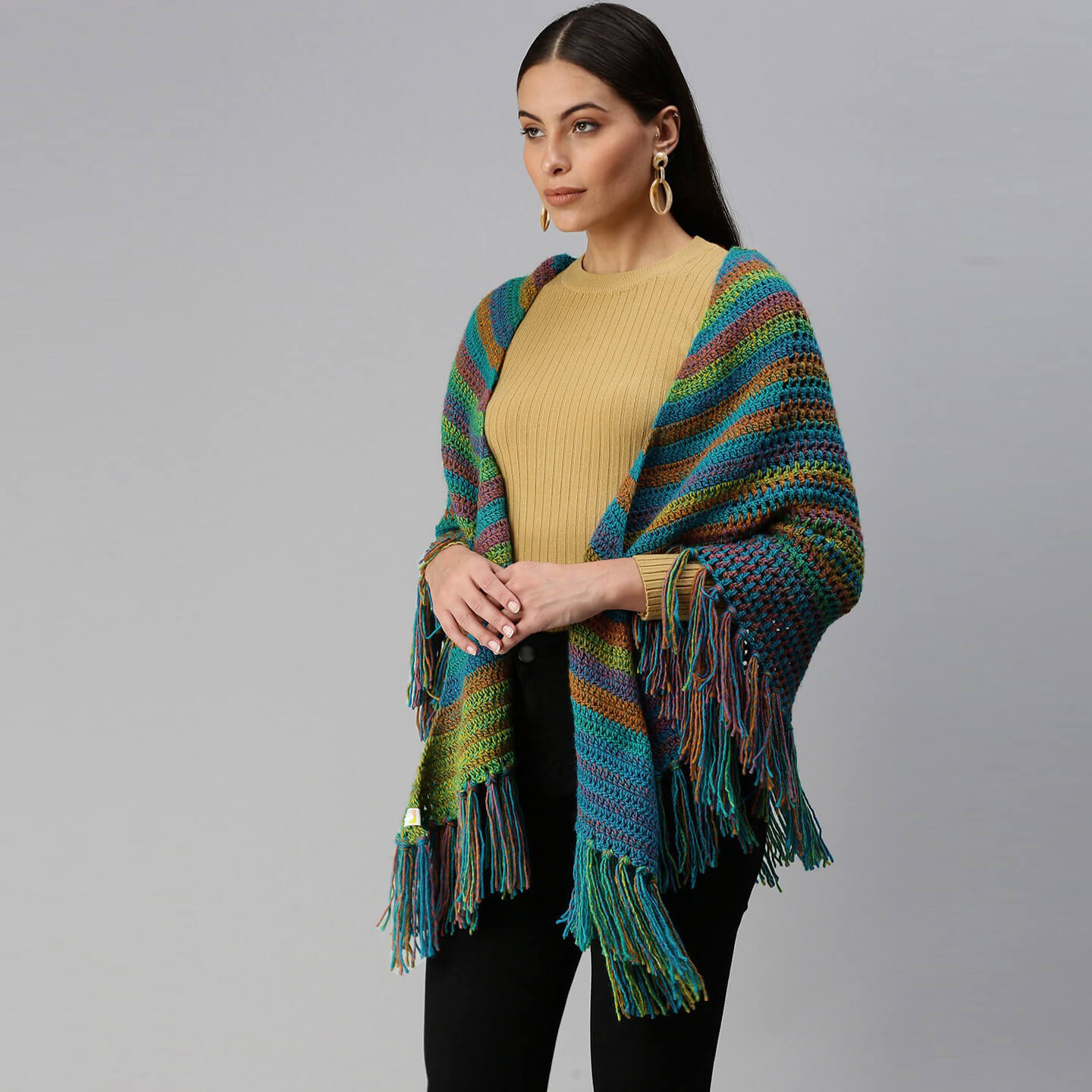 Peacock Colored Shawl - Multi-Color 2937