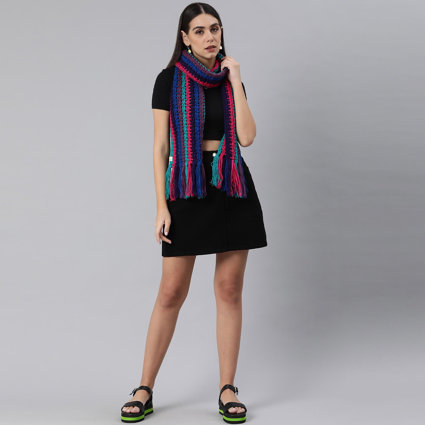 Crochet Scarf with Tassels - Multi-Color 3016