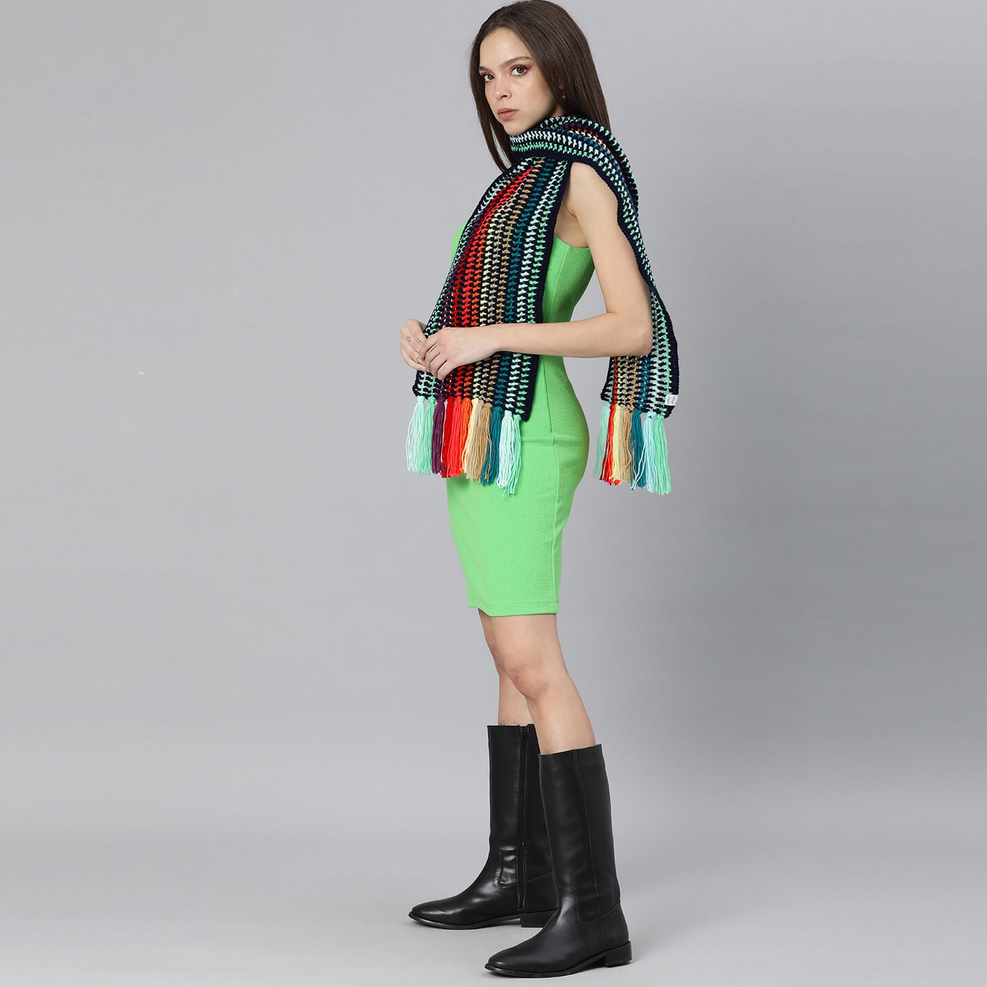 Crochet Scarf with Tassels - Multi-Color 3017