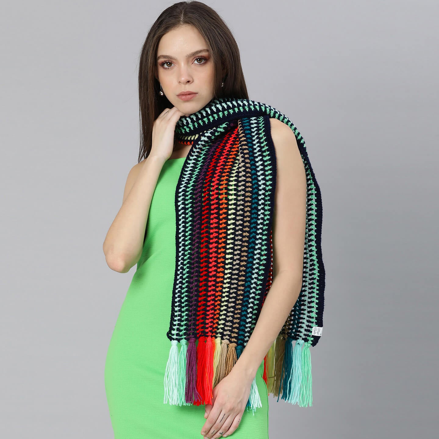 Crochet Scarf with Tassels - Multi-Color 3017