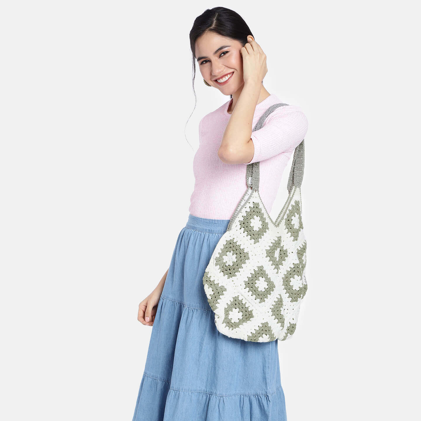 Handmade Crochet Bag - Grey & White 3045
