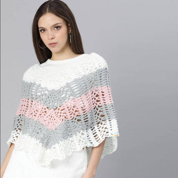 Poncho with Tassels - Pink Grey White 3026