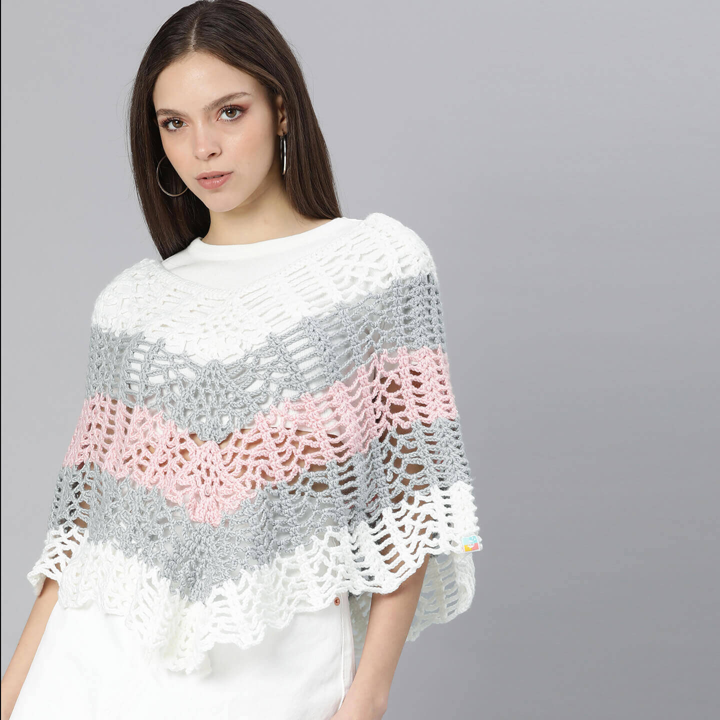 Self Design Poncho - Pink Grey White 3026