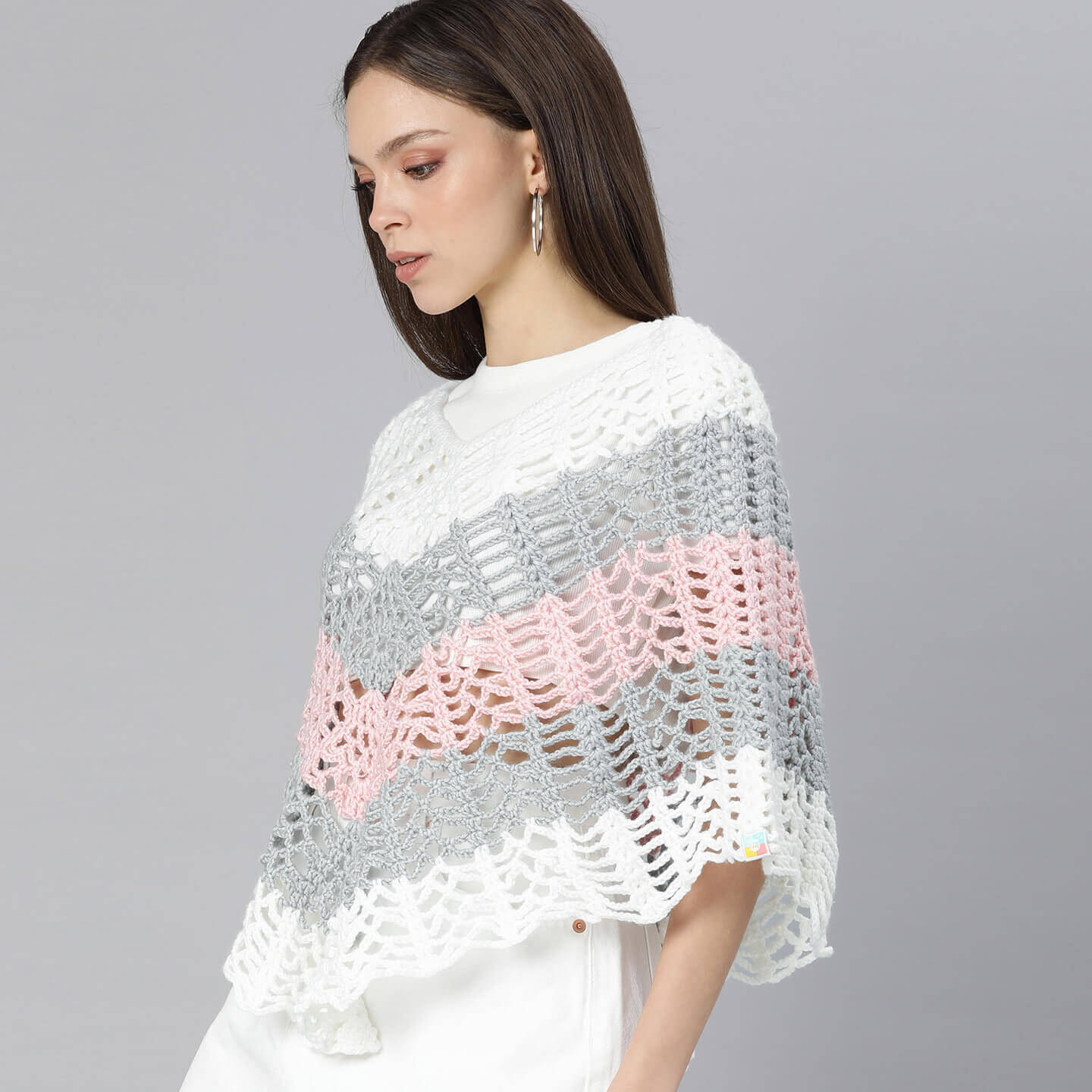 Self Design Poncho - Pink Grey White 3026