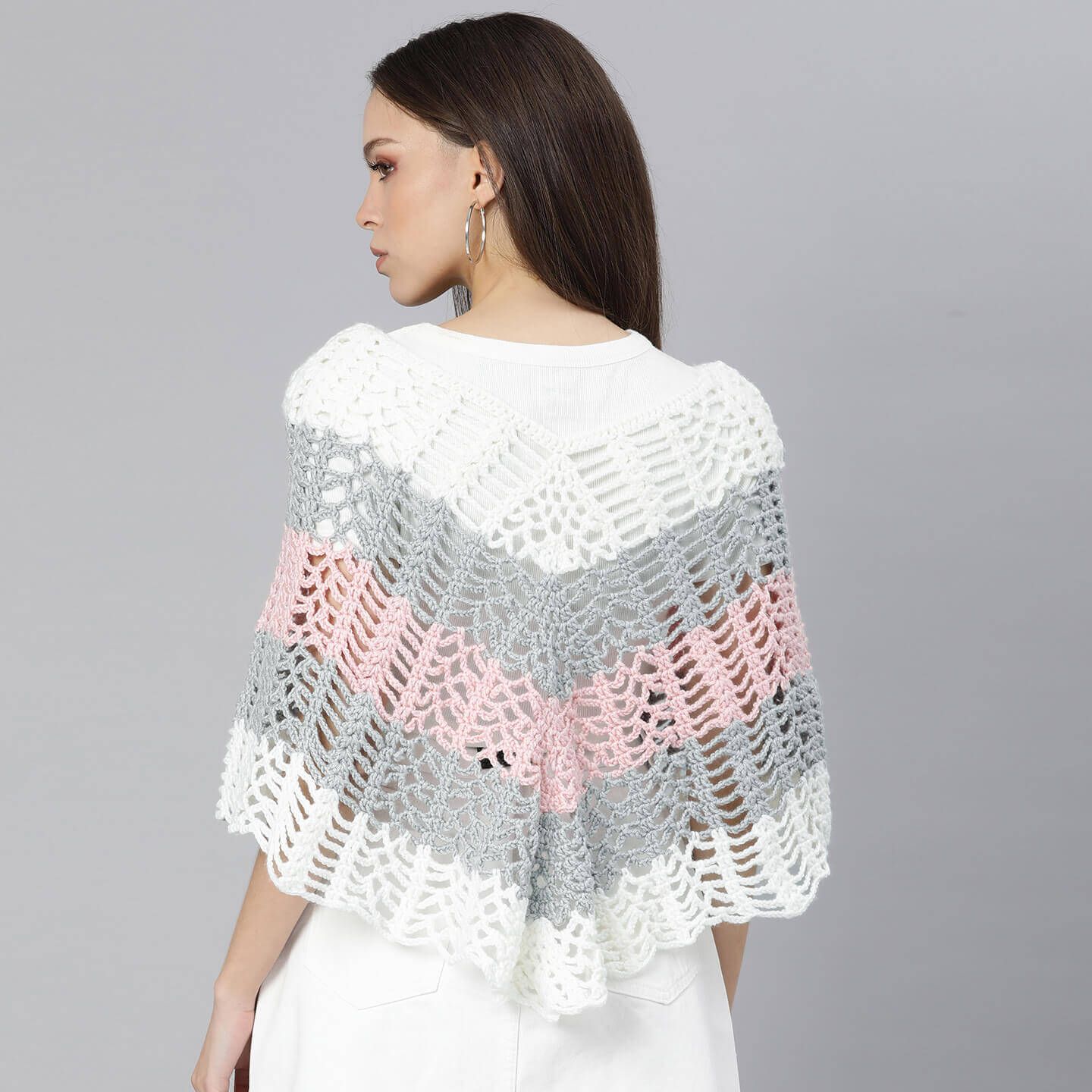Self Design Poncho - Pink Grey White 3026