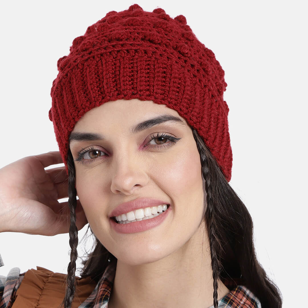 Popcorn Crochet Beanie - Maroon 2980