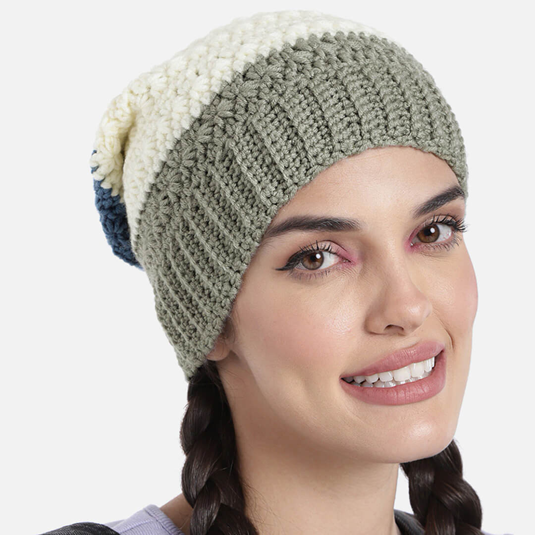 Self Design Crochet Beanie - Blue Off White Grey 2977