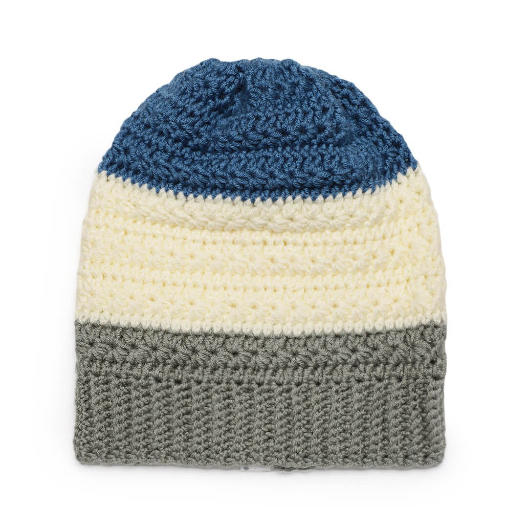 Self Design Crochet Beanie - Blue Off White Grey 2977