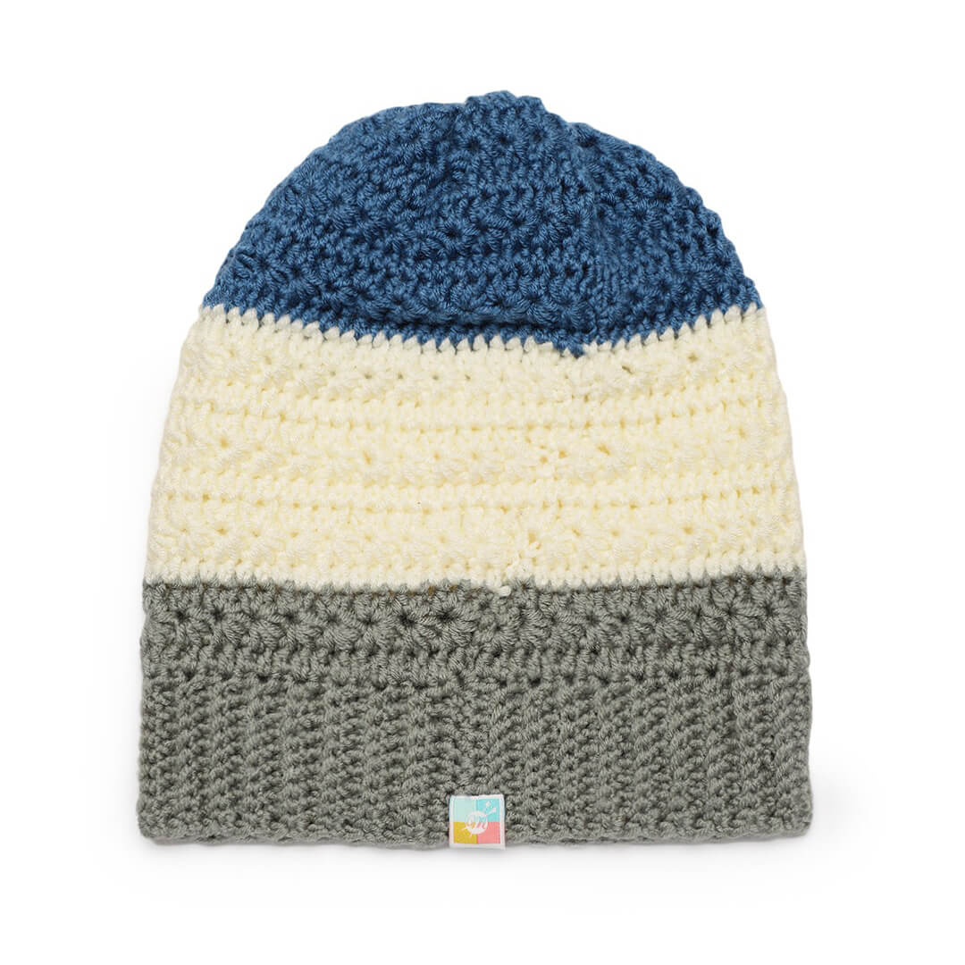 Self Design Crochet Beanie - Blue Off White Grey 2977