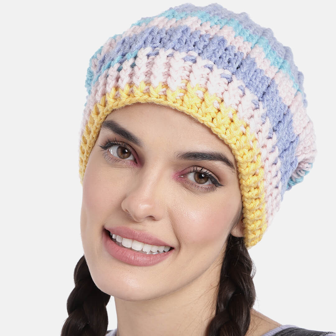 Self Striping Slouch Beanie - Blue Pink 3004