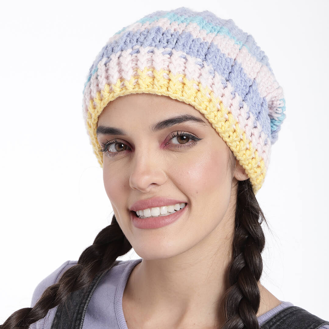Self Striping Slouch Beanie - Blue Pink 3004