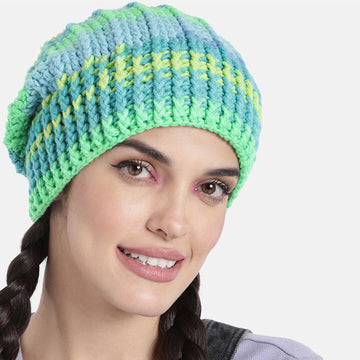 Self Striping Slouch Beanie - Green Turquoise Blue 3000