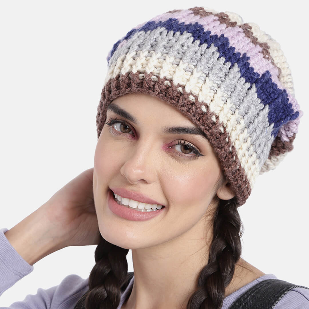 Self Striping Slouch Beanie - Grey Pink Lavandar 2999