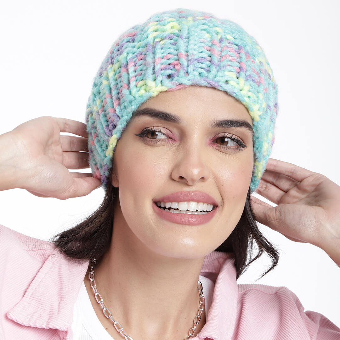 Teal Green Hand Self-Design Beanie - 2671